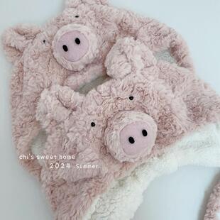 可爱呆萌小猪毛绒绒帽子女冬季加厚保暖包头护耳雷锋帽卡通甜妹潮