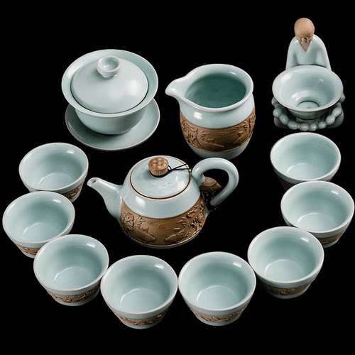整套开片汝瓷礼盒装功夫茶具