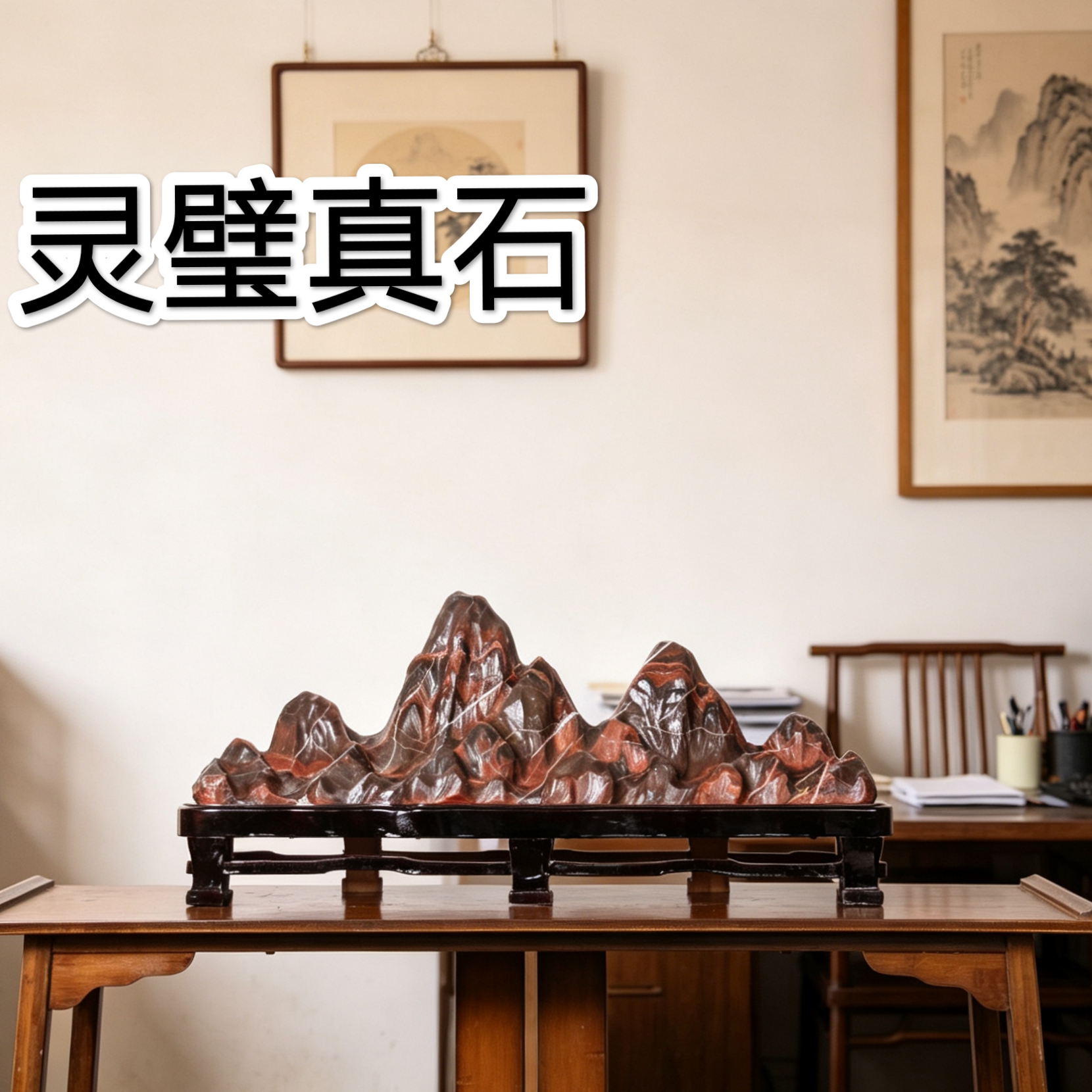 定制灵璧石壁龛摆件送礼山水奇石真石书柜摆件玄关摆件背有靠山石