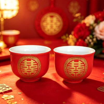 对杯红色陪嫁婚礼茶具改口茶壶