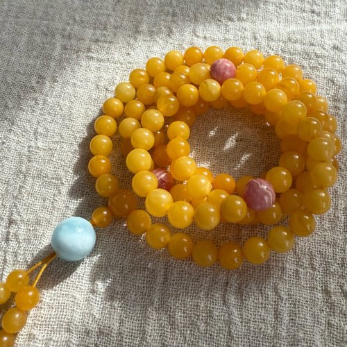 一物一拍天然琥珀蜜蜡润黄色108佛珠手串