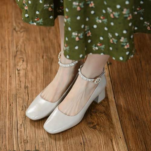 真皮法式复古珍珠一字带玛丽珍小皮鞋方头粗跟高跟鞋浅口单鞋女夏