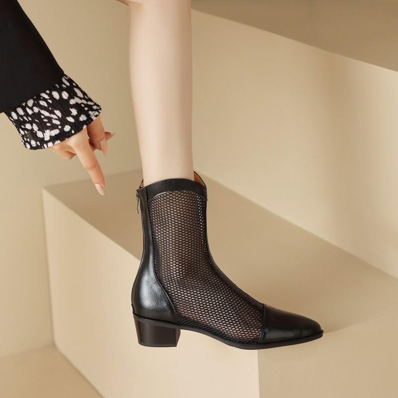 真皮大码4041夏季透气网纱镂空短筒马丁靴薄款中粗跟凉靴女鞋网靴