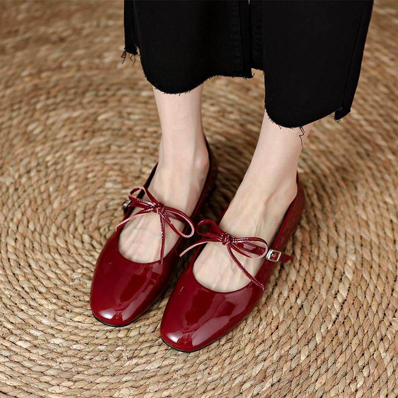 真皮少女感圆头蝴蝶结平底单鞋法式复古漆皮酒红色玛丽珍小皮鞋