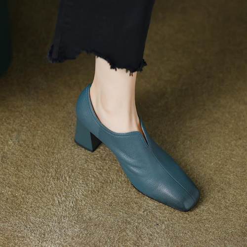 真皮2025年新款复古深口单鞋粗跟高跟鞋法式方头通勤罐罐鞋女软皮