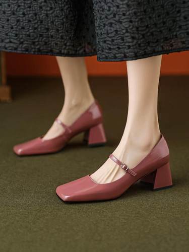 全真皮~法式配裙子温柔粉色单鞋玛丽珍小皮鞋通勤方头粗高跟鞋女
