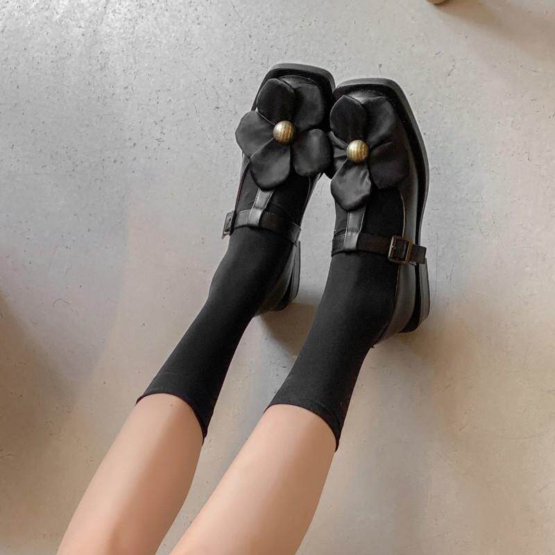 真皮学院风方头jk小皮鞋百搭舒适低粗跟一字扣带花朵玛丽珍单鞋女