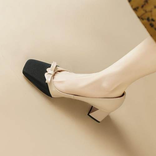 小香风拼色蝴蝶结方头浅口单鞋玛丽珍小皮鞋法式复古粗跟高跟鞋女