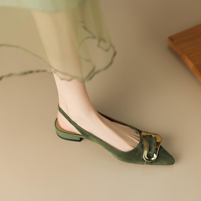 真皮通勤金属扣尖头后空单鞋复古磨砂羊皮低跟包头罗马凉鞋女夏季