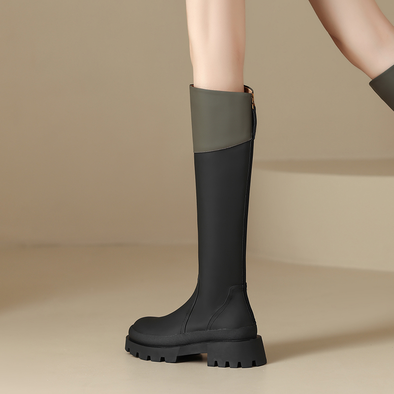 正品真皮巨显腿长圆头拼色厚底长筒靴女2025后拉链骑士靴洋气百搭