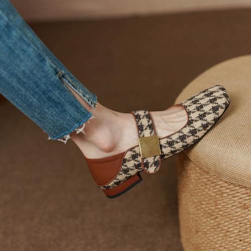 真皮小香风拼色格子方头玛丽珍小皮鞋百搭平底一字带浅口单鞋女