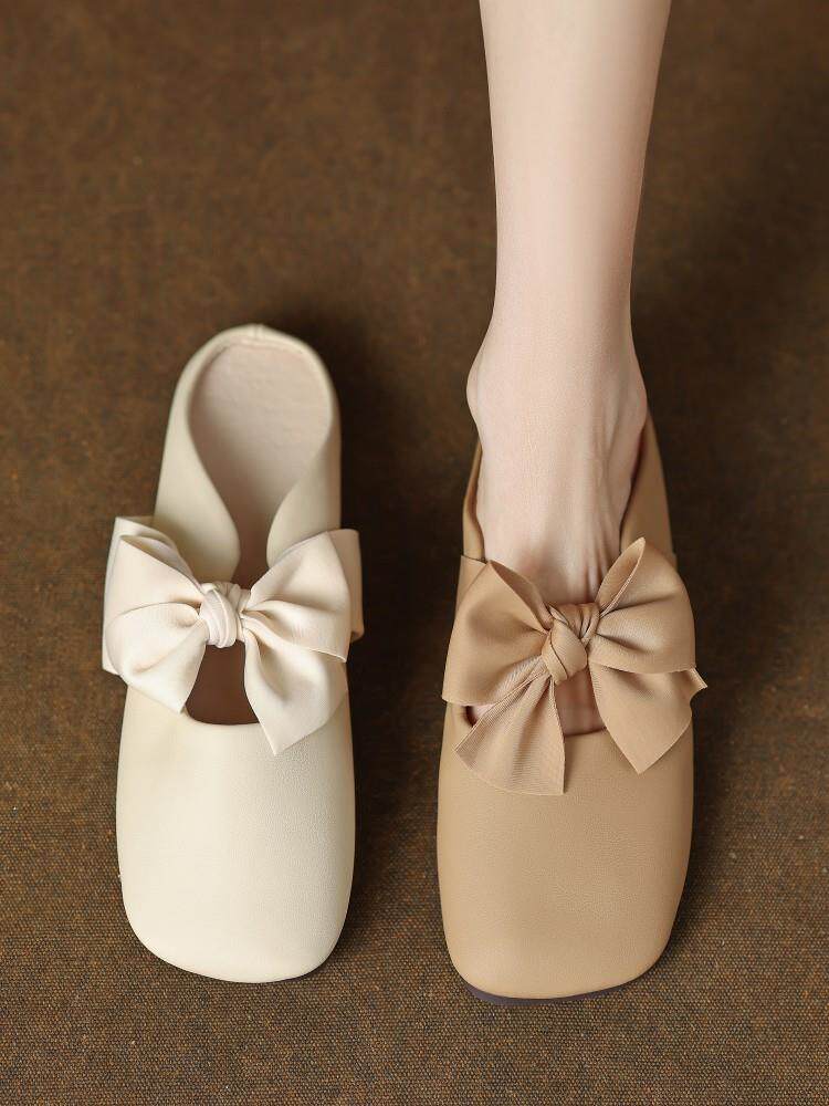 ins敲可爱~甜美蝴蝶结穆勒一字半托时尚外穿平底包头凉拖鞋女真皮