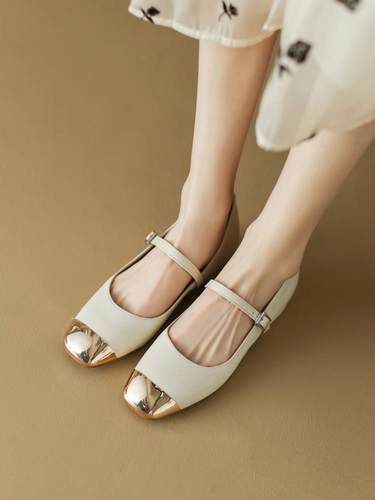 头层牛皮~法式金属头防踢一字带浅口单鞋百搭粗跟玛丽珍小皮鞋女