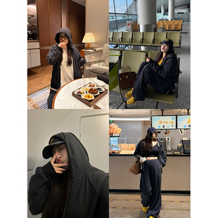 铅笔小鑫大码女装 美式条纹 暖暖金德绒 连帽外套+阔腿休闲裤