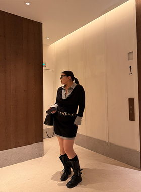 铅笔小鑫大码女装叠搭tips 超绝比例收腰显瘦高弹撞色连衣裙