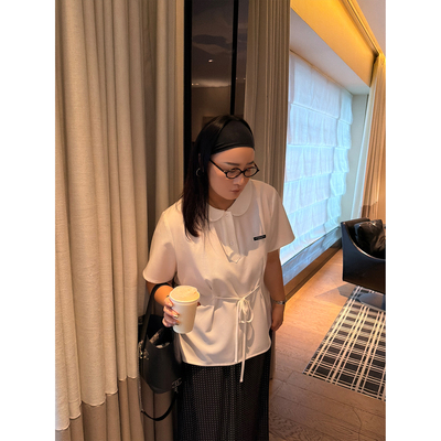 铅笔小鑫大码女装减龄学院风娃娃领系带收腰T恤上衣