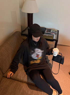 铅笔小鑫大码女装复古松弛趣味卡通印花洗水长袖T恤