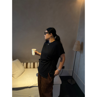 铅笔小鑫大码女装 简约松弛木耳边系带收腰遮拜拜肉开叉T恤