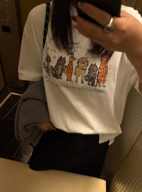 铅笔小鑫大码女装落肩减龄趣味卡通动物印花显瘦T恤