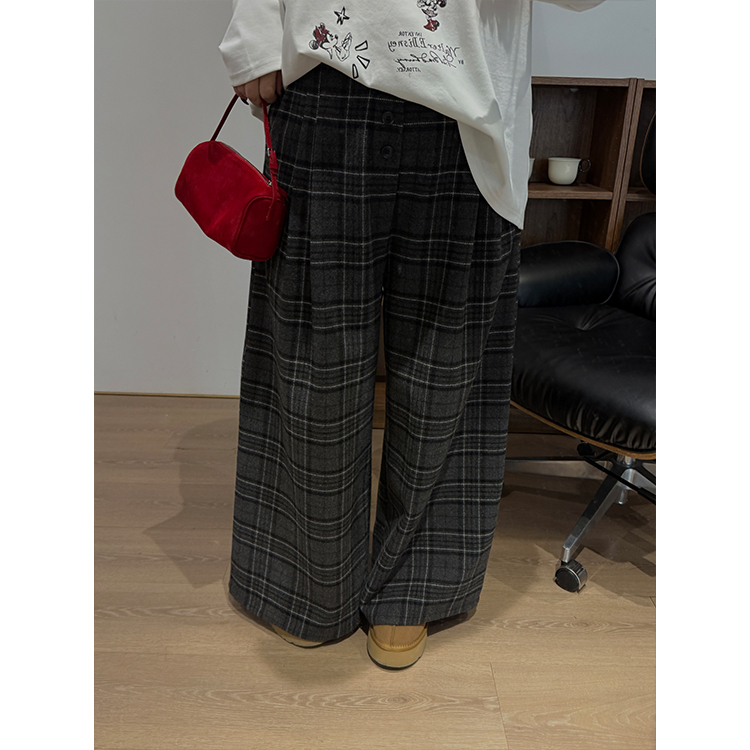 铅笔小鑫大码女装 廓形美式经典复古格纹显瘦阔腿休闲裤