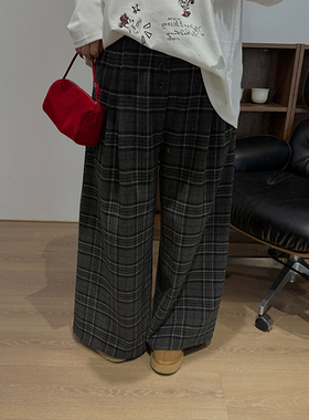 铅笔小鑫大码女装 廓形美式经典复古格纹显瘦阔腿休闲裤