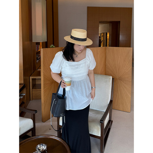 铅笔小鑫大码女装 法式方领 高腰线 精致比例 衬衫上衣