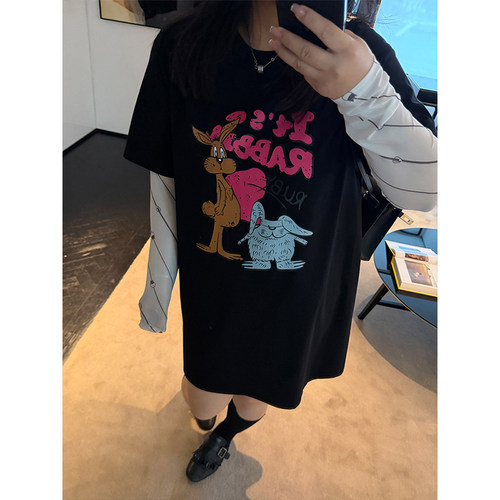 铅笔小鑫大码女装休闲满分趣味卡通涂鸦宽松印花T恤裙