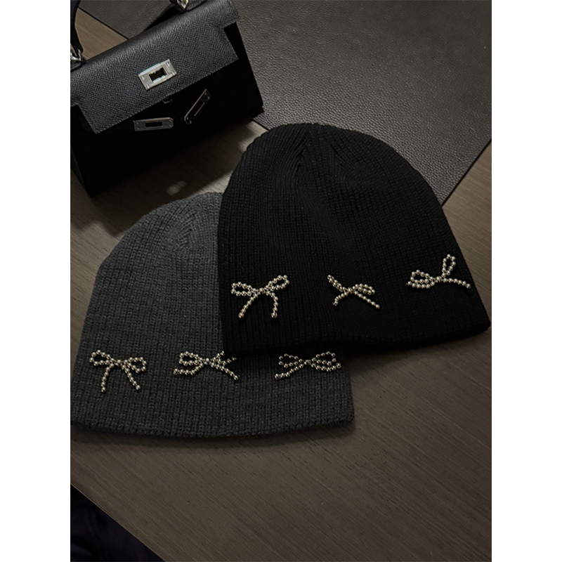 铅笔小鑫大码女装 蝴蝶结针织帽秋冬冷帽 保暖毛线帽