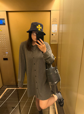铅笔小鑫大码女装遮肉休闲宽松圆领针织开衫连衣裙