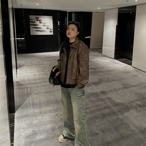 铅笔小鑫大码女装美式复古街头翻领皮夹克宽松休闲百搭机车服外套