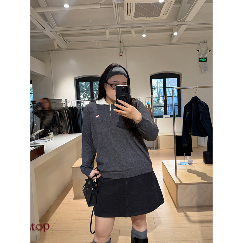 铅笔小鑫大码女装 复古小翻领 弹力针织 假两件针织毛衣