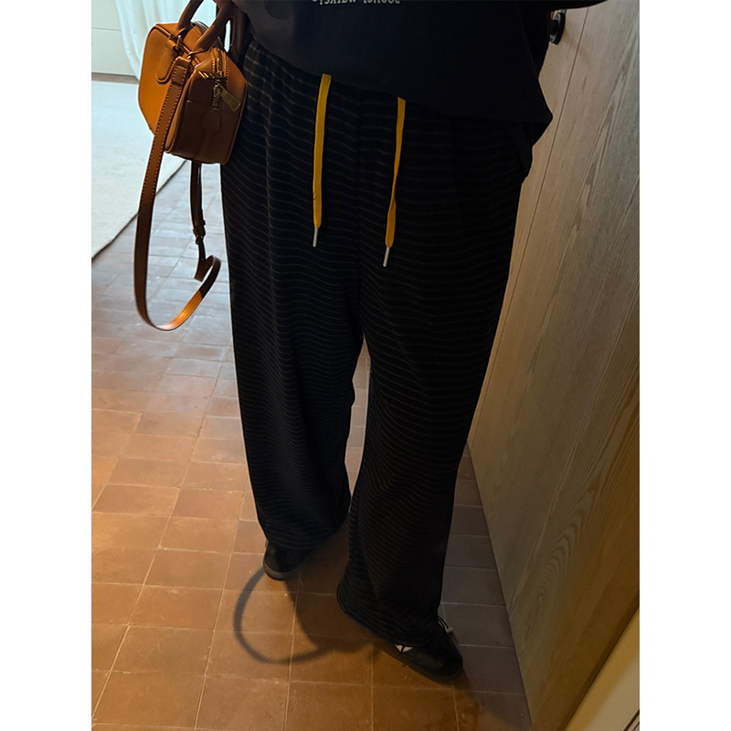 铅笔小鑫大码女装弹力条纹全松紧舒适藏肉显腿长撞色直筒裤