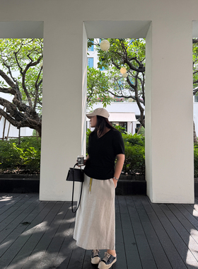 铅笔小鑫大码女装暖柔杏色松弛亲肤亚麻抽绳竹筒半身裙