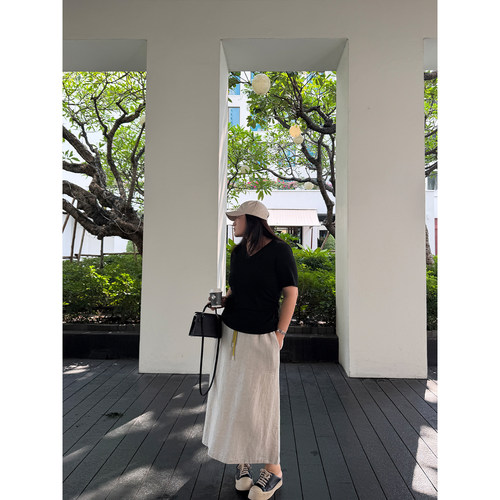 铅笔小鑫大码女装暖柔杏色松弛亲肤亚麻抽绳竹筒半身裙