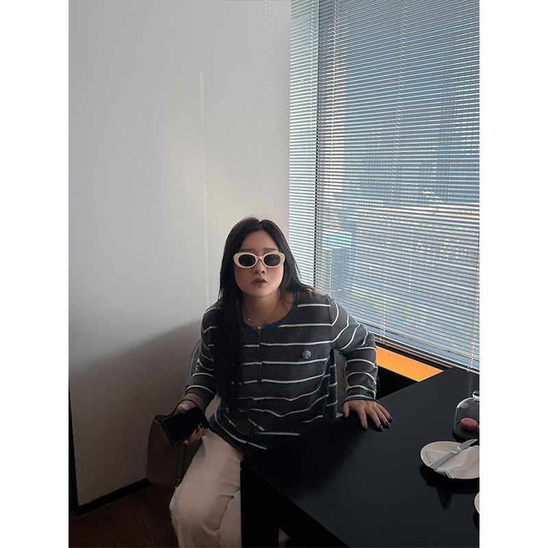 铅笔小鑫大码女装立体感南瓜条纹高弹力显瘦针织开衫,女装/女士精品,大码内搭,淘宝优惠券,粉丝福利购,淘宝优惠卷