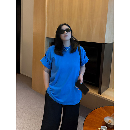 铅笔小鑫大码女装  纯色简约 复古休闲 显瘦大码短袖T恤