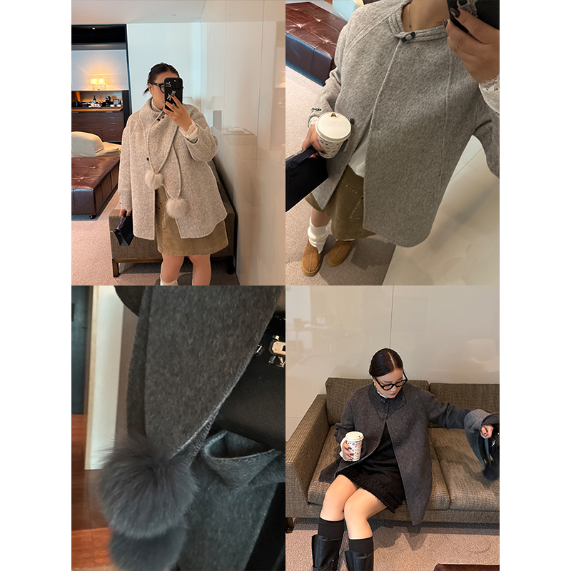 铅笔小鑫大码女装羊绒披肩 毛球围巾叠搭设计 保暖羊毛大衣