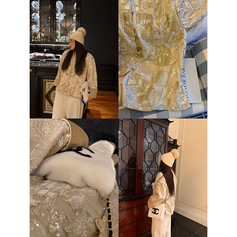 铅笔小鑫大码女装 新中式香槟金钉珠刺绣亮片丝绒外套