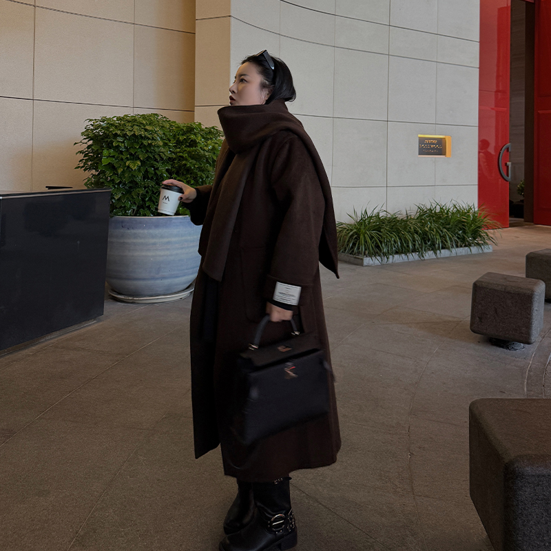 铅笔小鑫大码女装100%羊毛廓形大衣+围巾胖mm显瘦大衣外套秋冬