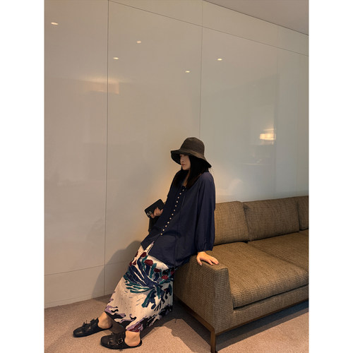 铅笔小鑫大码女装遮肉显瘦高腰复古印花压褶半身裙