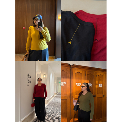 铅笔小鑫大码女装 休闲刺绣 亲肤弹力 复古纯色 长袖打底上衣