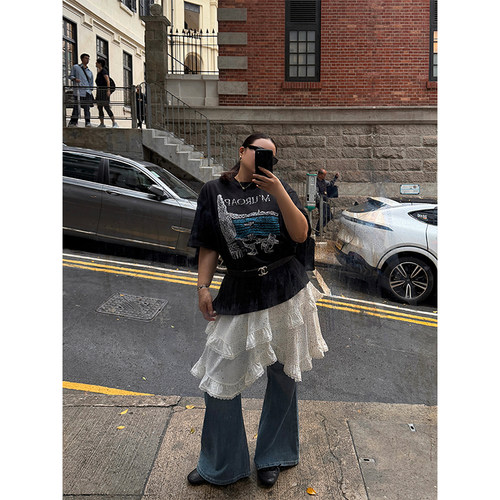 铅笔小鑫大码女装日常氛围美式做旧复古海边印花T恤