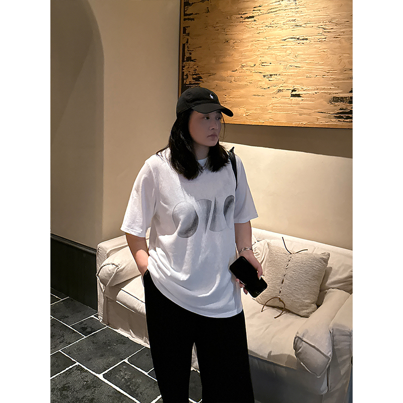 铅笔小鑫大码女装超松弛 立体图形 复古印花T恤显瘦 潮款宽松短袖