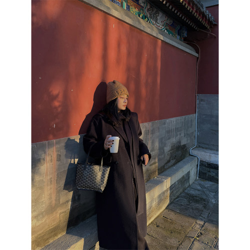 铅笔小鑫大码女装 100羊毛大衣直筒型双面羊绒大衣帽子围巾可拆卸