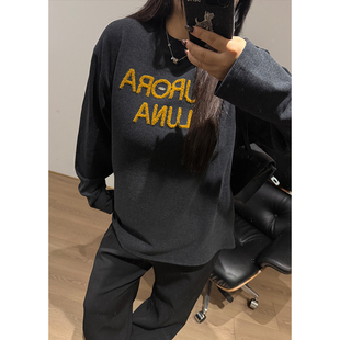 T恤 刺绣字母舒适圆领时髦百搭复古显瘦长袖 铅笔小鑫大码 女装