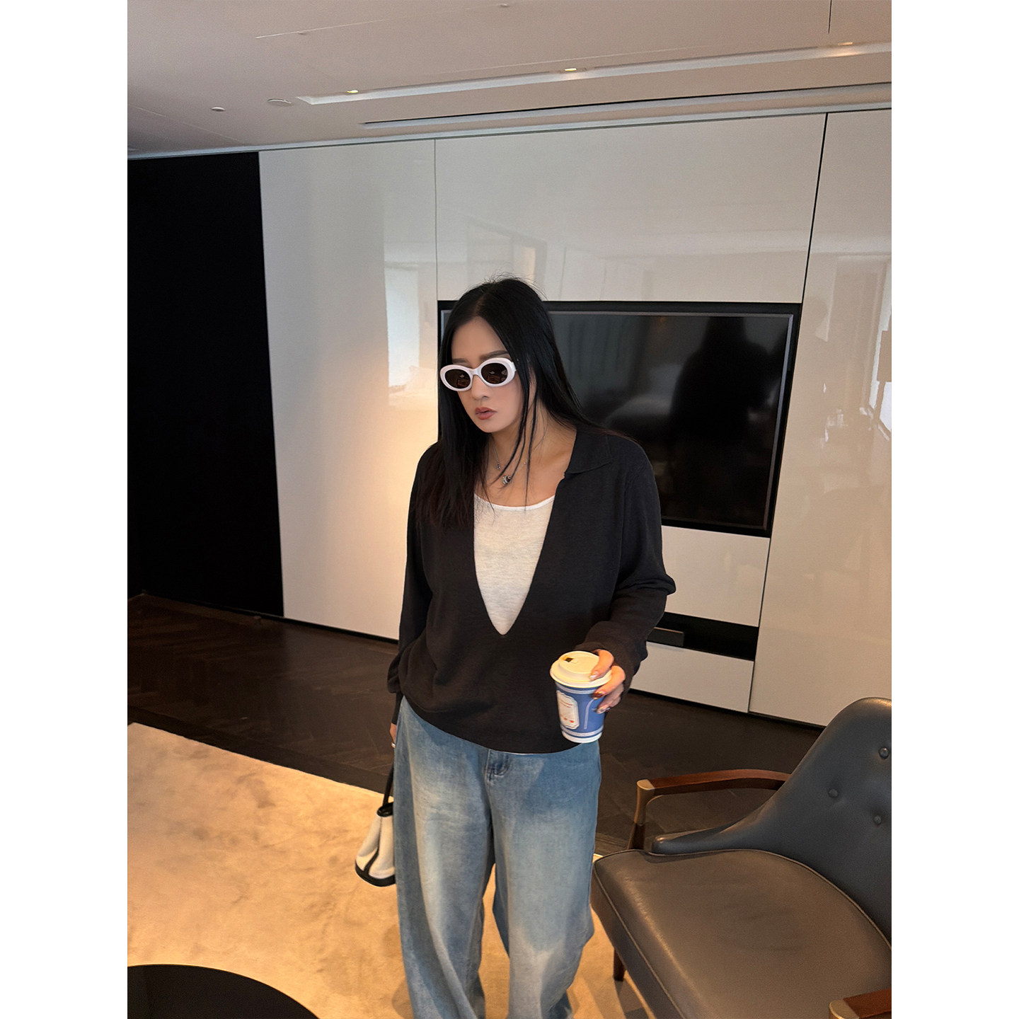 铅笔小鑫大码女装撞色吸睛高质感简约假两件撞色拼接长袖T恤