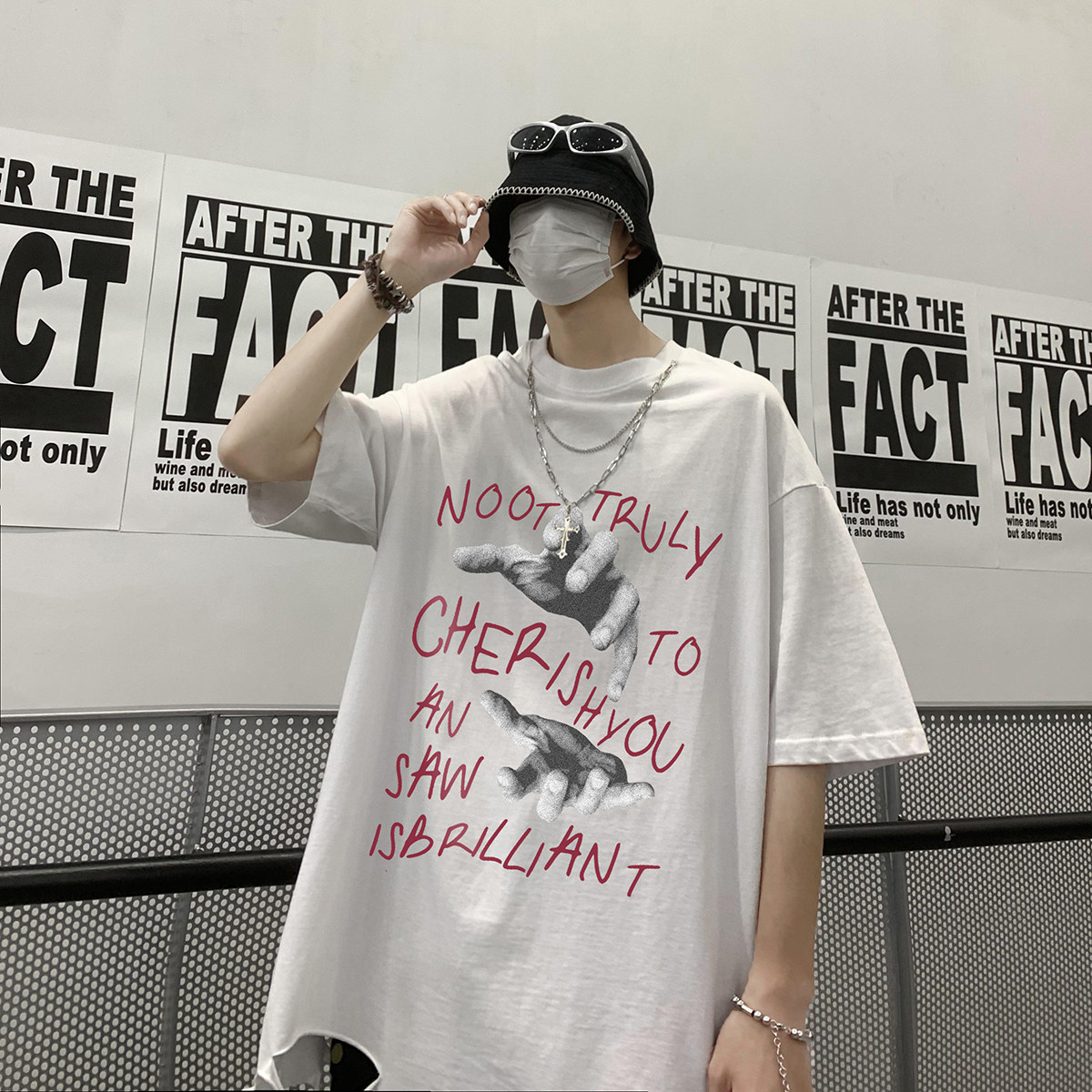 夏季印花做旧纯棉水洗送项链圆领短袖T恤DT351P45控68,男装T恤,电商A247