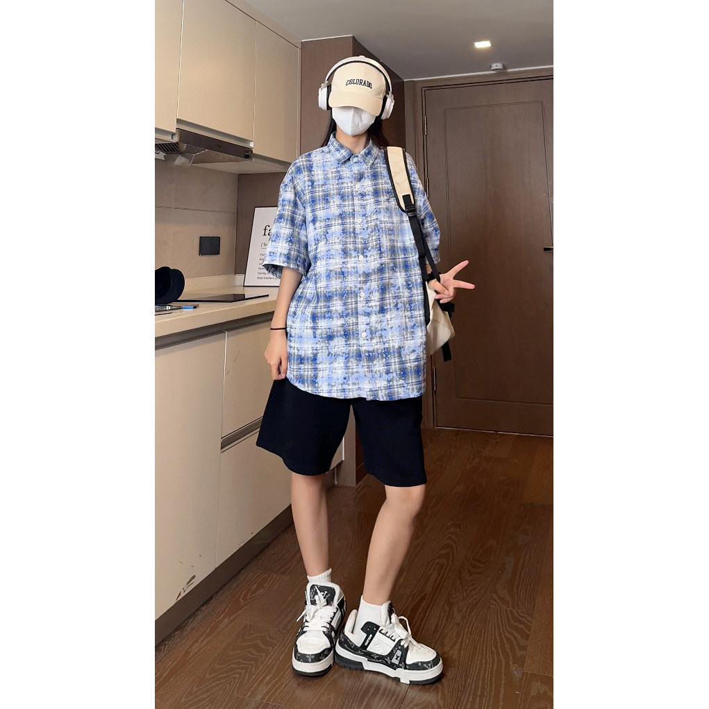 抖音夏季宽松彩格泼墨工艺短袖衬衫男生衬衣S225特批P38控58,男装衬衫,电商A247