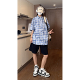 抖音夏季宽松彩格泼墨工艺短袖衬衫男生衬衣S225特批P38控58，男装衬衫，电商A247