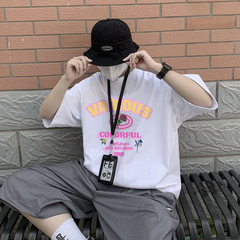 Neutral summer trend Korean style cool rose print loose couple short sleeve T-shirt